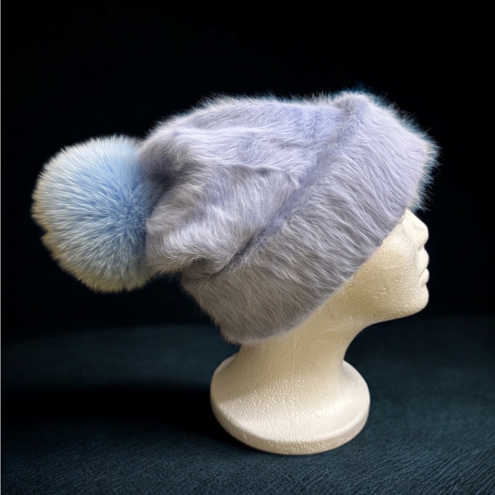 AVU LE VU Slouchy Beanie Hat Real Angora Rabbit Hair, Real Fox Pom Pom Baby Blue